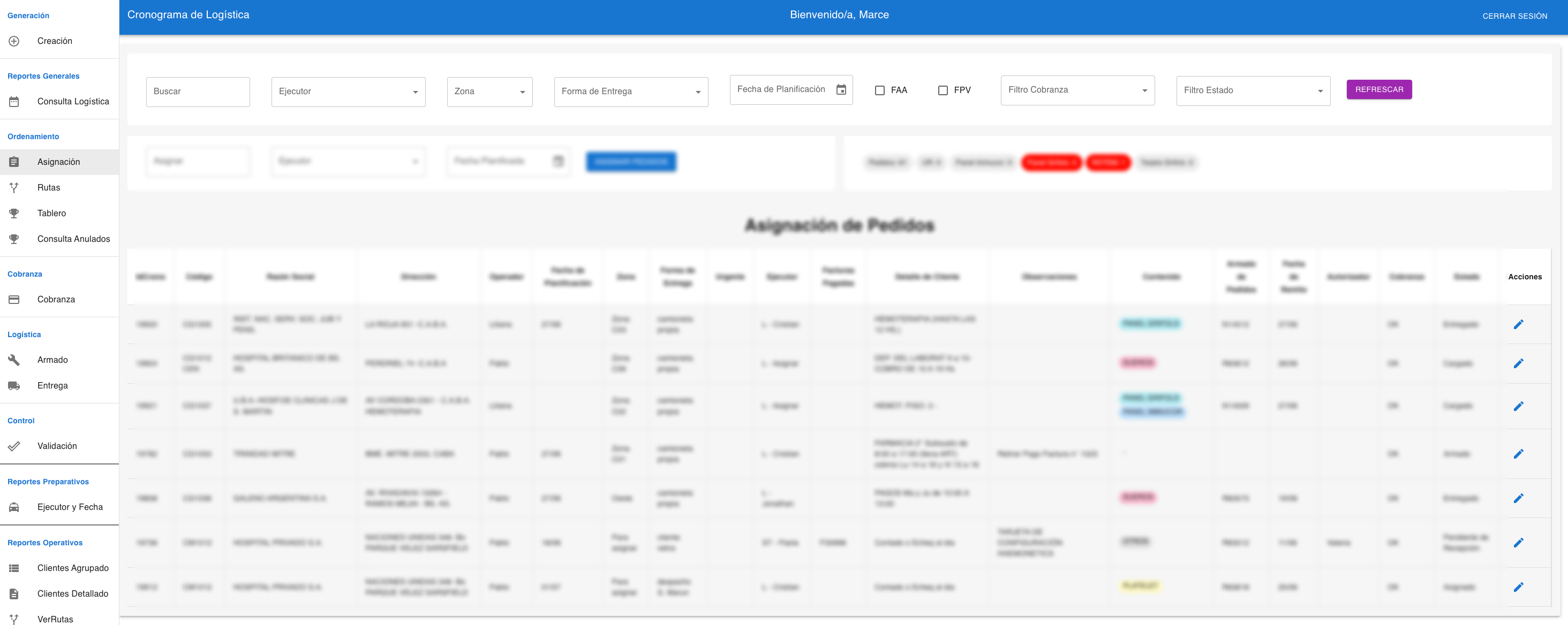 Dashboard real del sistema WMS mostrando cronograma de logística, asignación de pedidos, gestión de almacenes y reportes operativos - dashboard logística, gestión pedidos